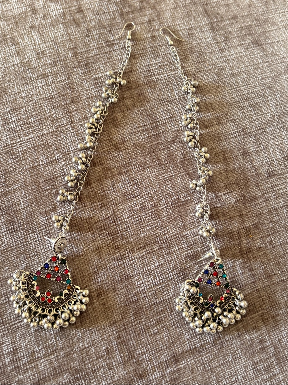 Vintage Silver Dangle Earrings with Red, Blue, Green and Black Accents